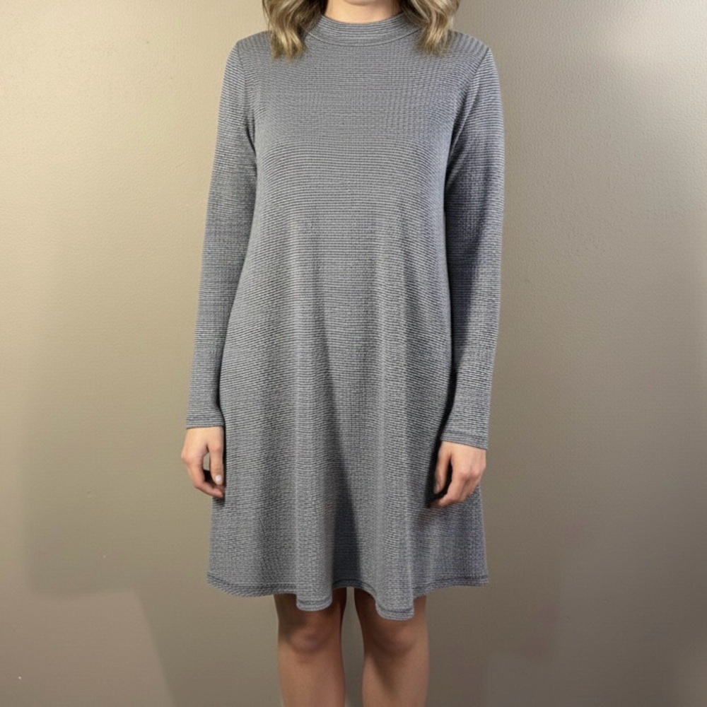 Made In USA Rolla Coster Black White Mock Neck Long-Sleeve A-Line Dress Sz L EUC